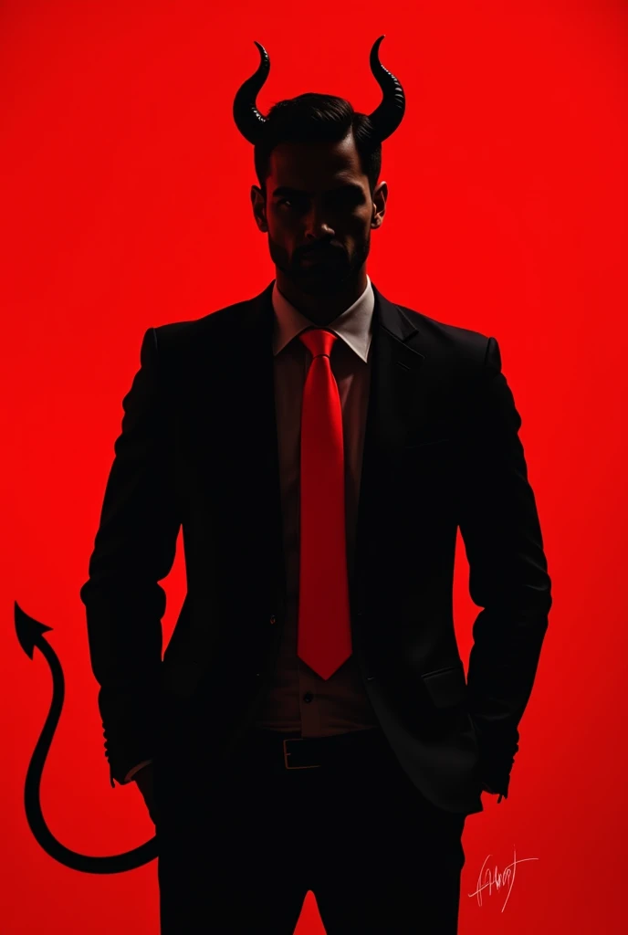 Red background with the silhouette of a man with horns, red tie and devil tail.