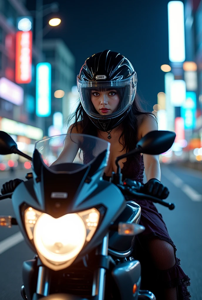 beautiful Japanese gothic lolita girl, Riding on a super cool sport motorcycle, at highway in metropolitan at night, high speed, dramatic scene, masterpiece, face focus, clear helmet visor, beautiful eyes, Honda bike, Shoei helmet, wearing gothic lolita outfits