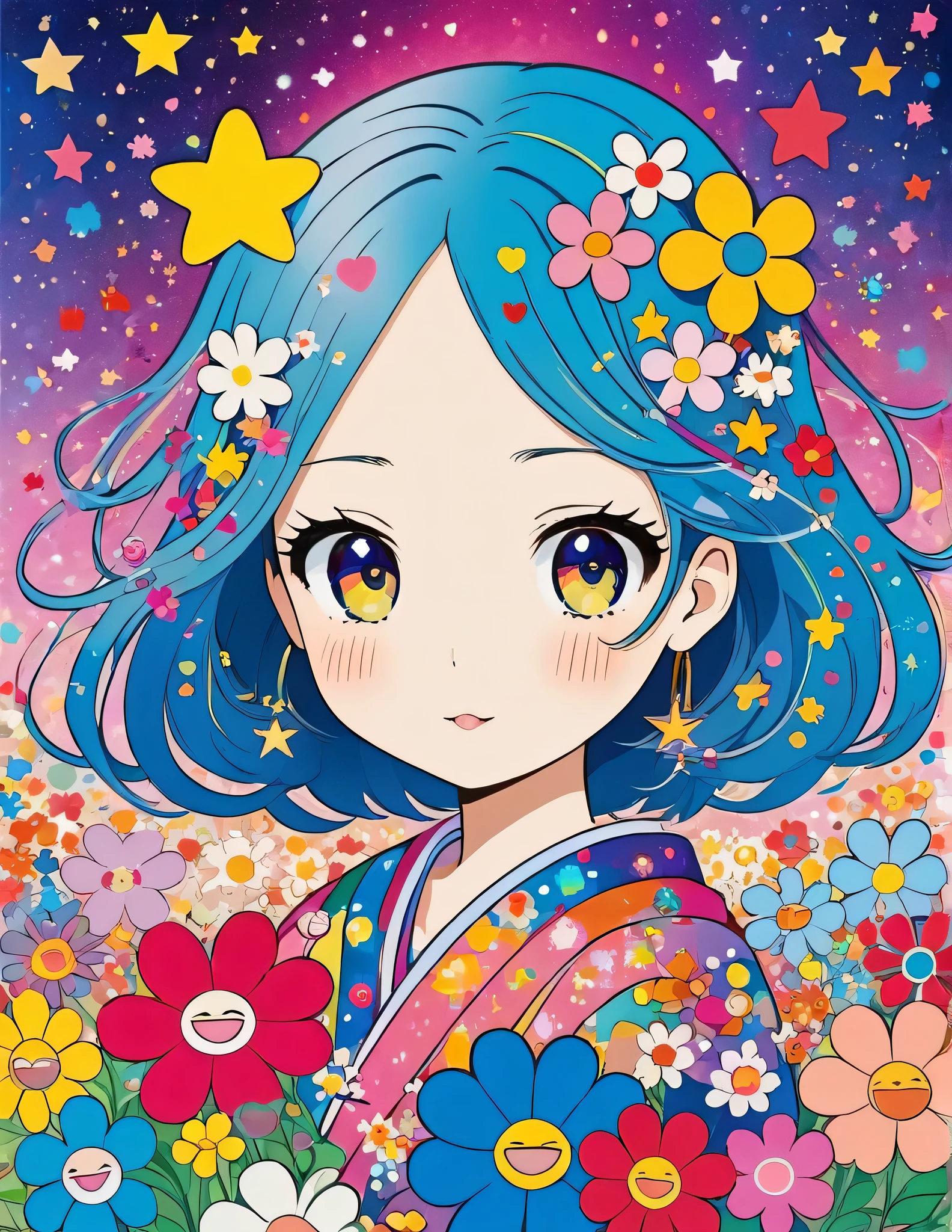 Takashi Murakami style, Simple Line Initialism,Abstract art,Kawaii Design, The most beautiful girl of all time, The background is star dust, colorful hearts, colorful flowers,