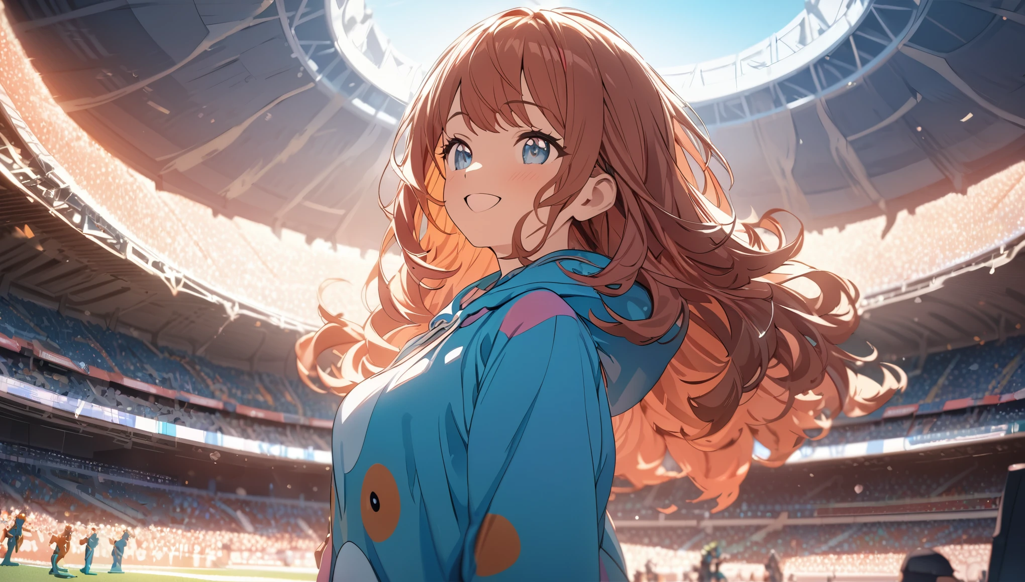 (masterpiece:1.4), (Highest quality:1.4), Very detailed, Complex, Super detailed, (Perfect Face), figure,Soft lighting, Scenic, One person, Happy, Bright auburn hair, colorful, Colorized, from_Under ,fish_Costumes , Stadium