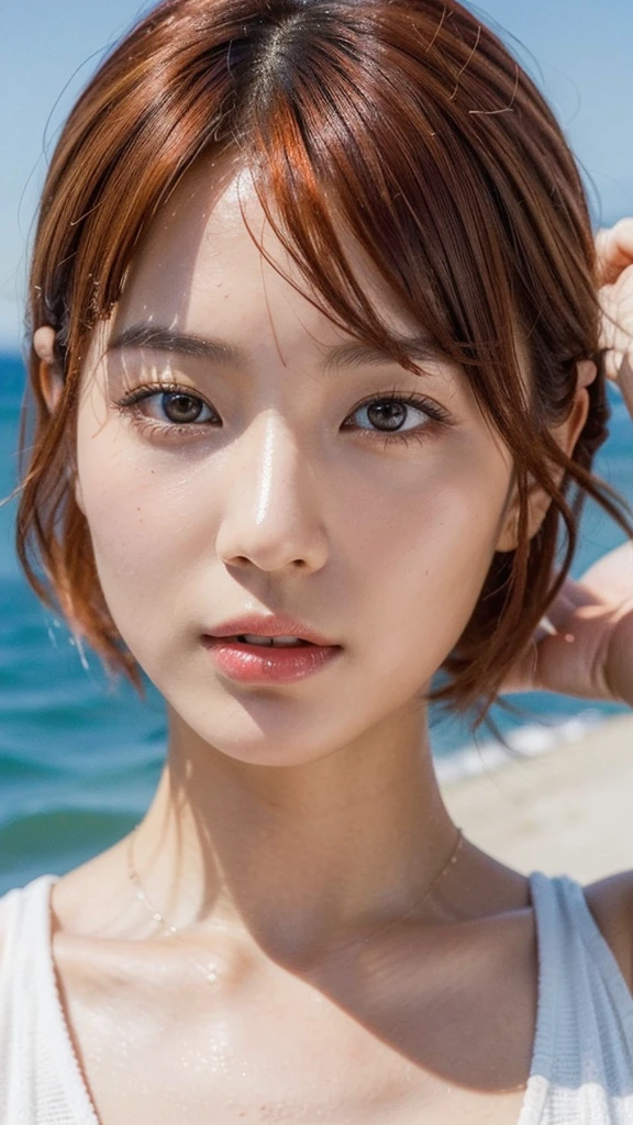 Model actress、One Woman、cool、Japanese and half European、Close-up of face、30 generation beauty、Realistic Skin、4K images、bright orange hair、Short Hair、Seaside