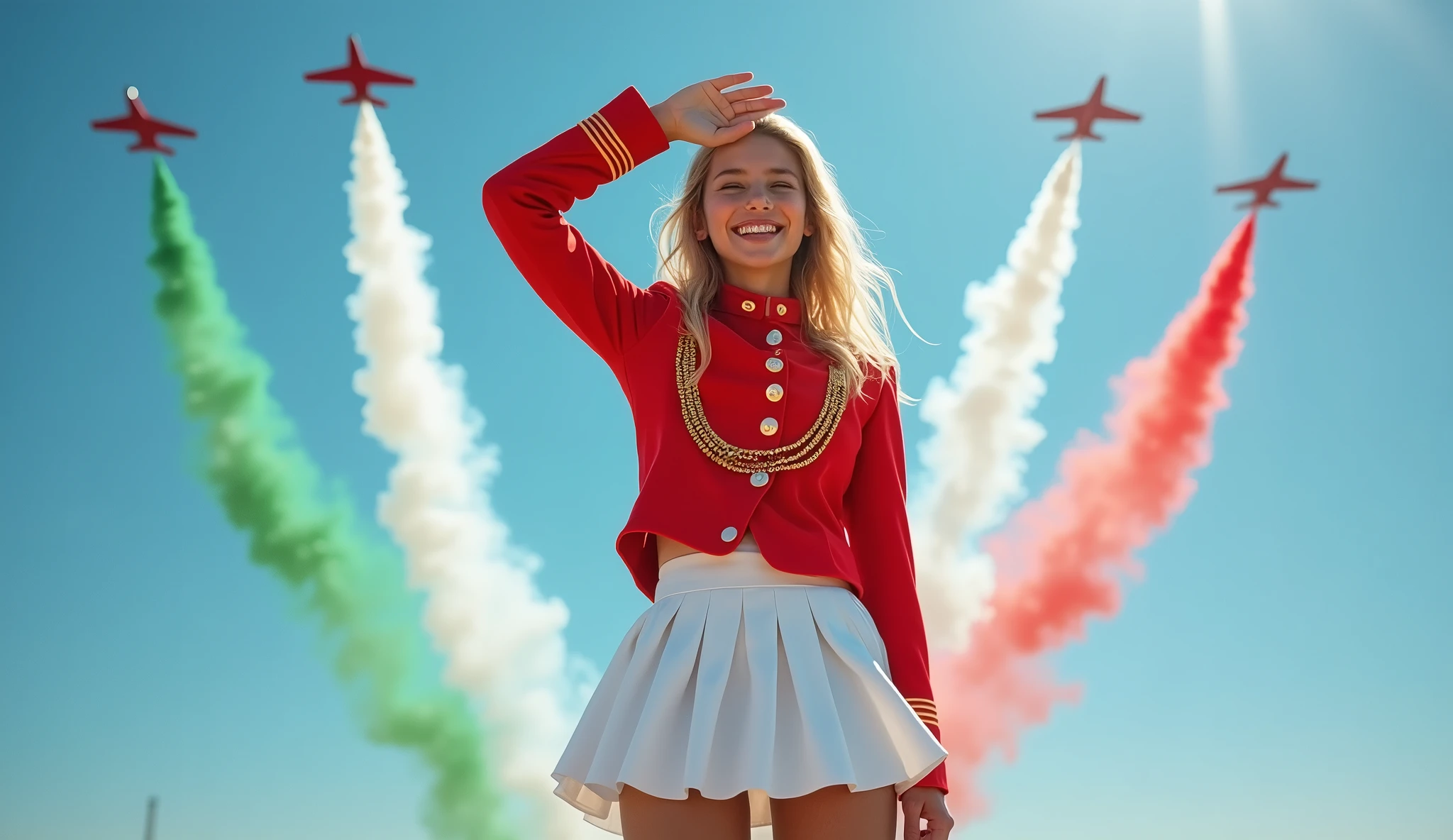 military cheerleader, doing military salute,  mini white pleated skirt , high leather boots, kepi, bright red jacket, with buttons and gold chains, blue sky, Air show three fighter planes with green, white and red smoke, blonde girl, big smile, 
view from below