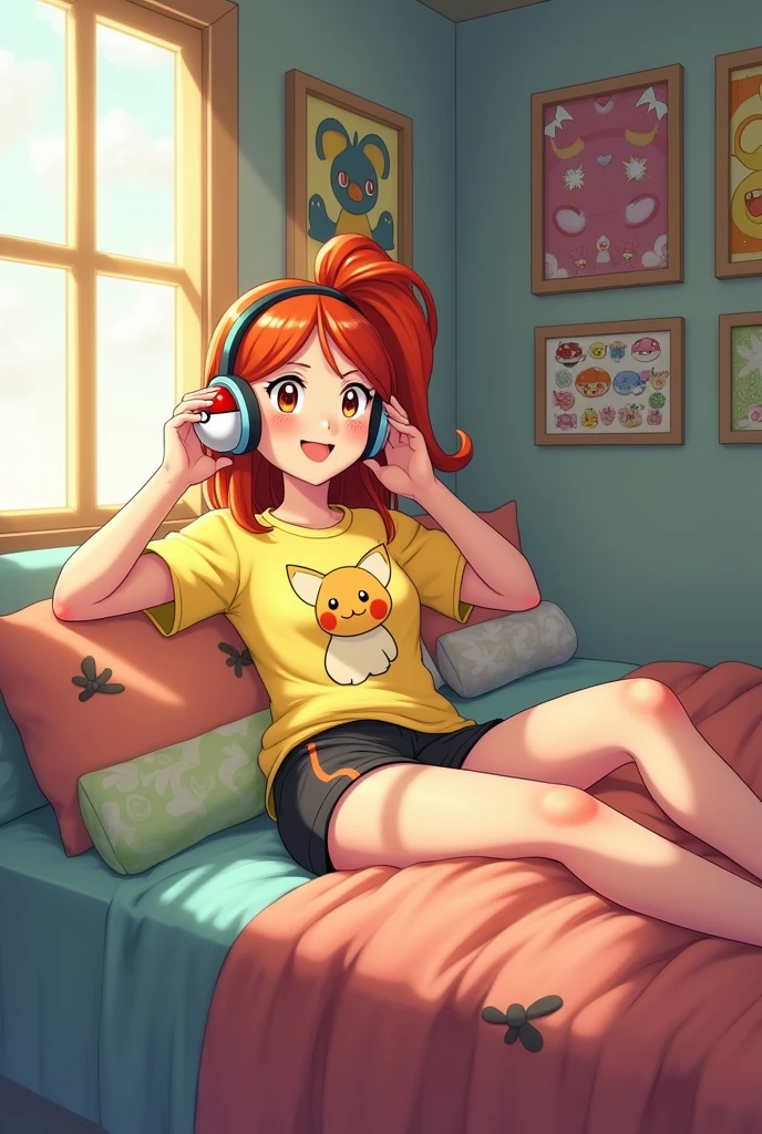 Draw Misty from Pokémon in a room lying on her bed listening to music with pokeball shaped headphones.
Misty has short hair tied back in a ponytail on the right side of her head.
She's wearing a yellow shirt with a Togepi design and athletic shorts.
