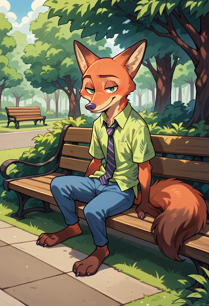 Nick Wilde from Zootopia smiles while sitting on a bench in the park.