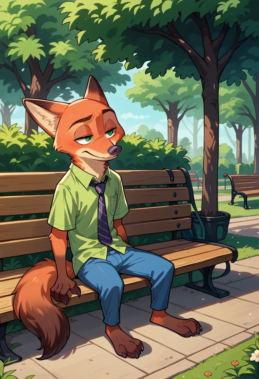 Nick Wilde from Zootopia smiles while sitting on a bench in the park.