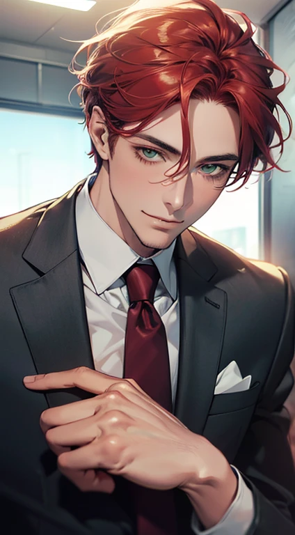 (Highest quality,4K,8K,High resolution,masterpiece:1.2),Super detailed,(Realistic,photoRealistic,photo-Realistic:1.37),1 person,31 years old,Mature Men,Beautiful skin、very handsome,Expressionless smile in love,Short gray red hair,green eyes,Sharp Eyes,A perfect face without a doubt,Businessman,Office Background,Cinema Lighting,HDR image,tie、