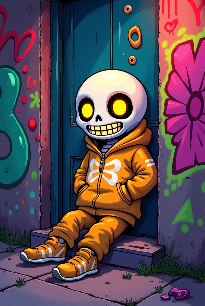 Sans the skeleton from Undertale with yellow eyes and yellow clothes that have white stripes