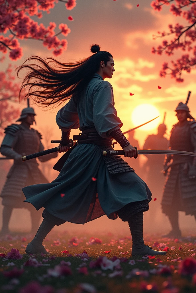 A samurai with long, flowing hair resembling that of a woman, lean and confident, single-handedly battling against multiple men in the Sengoku era.