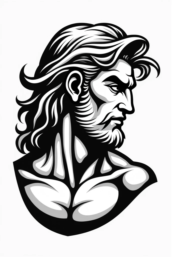 Black and white PNG representing a virile Hercules, only his head with silky hair, to be used in a side logo.