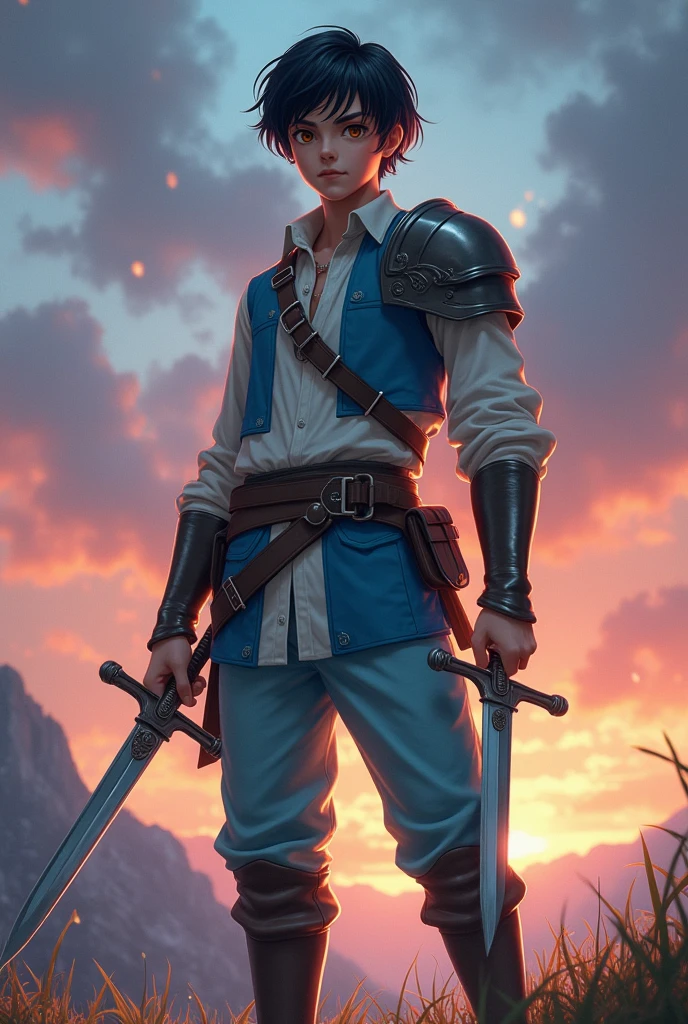 a young man with amber eyes (a dull brown under hypnotic suggestion) and short black hair with a long fringe. aged 16, he is armed with twin single-edged blades as a weapon.
He is a kind-hearted and intelligent introvert. He also tends to conformity and is sometimes fearful.
wears a long pale blue shirt and trousers, a sleeveless cropped jacket, leather boots, and cloth arm guards. He wears a single pauldron over his shoulder.