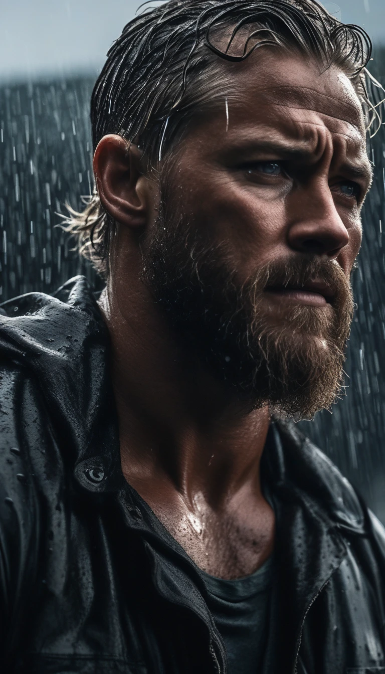 man, bearded, Forehead, Forehead, portrait, camera too far away, ActorTravis Fimmel, sweaty, negro shirt, tired face, muscular, indignant, Wet, Training, camera too far away, sharp focus, An award-winning photo of a fighter who suffers, portrait, raindrops, tired expression, 30 years, storm outside, lightning lighting, lines on the face, wrinkles, extremely specific skin, sadness, Dark skin, despair, beautiful cloudy eyes, deep shadows, high contrast, absurd, 8k, high quality, art station hd, Conceptual art, detailed face and body, aWard-winning photography, moody lighting, depth of field, bokeh, 4k, HdR, bad boy, War, official, dirty, negro jacket, jacket, negro, negro shirt, rain