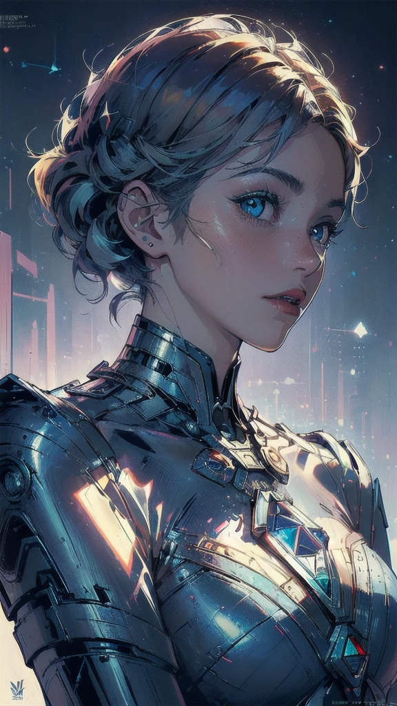 close up shot of a woman in a silver and blue dress, silver armor, large breasts, cleavage, chengwei pan on artstation, by Yang J, detailed fantasy art, stunning character art