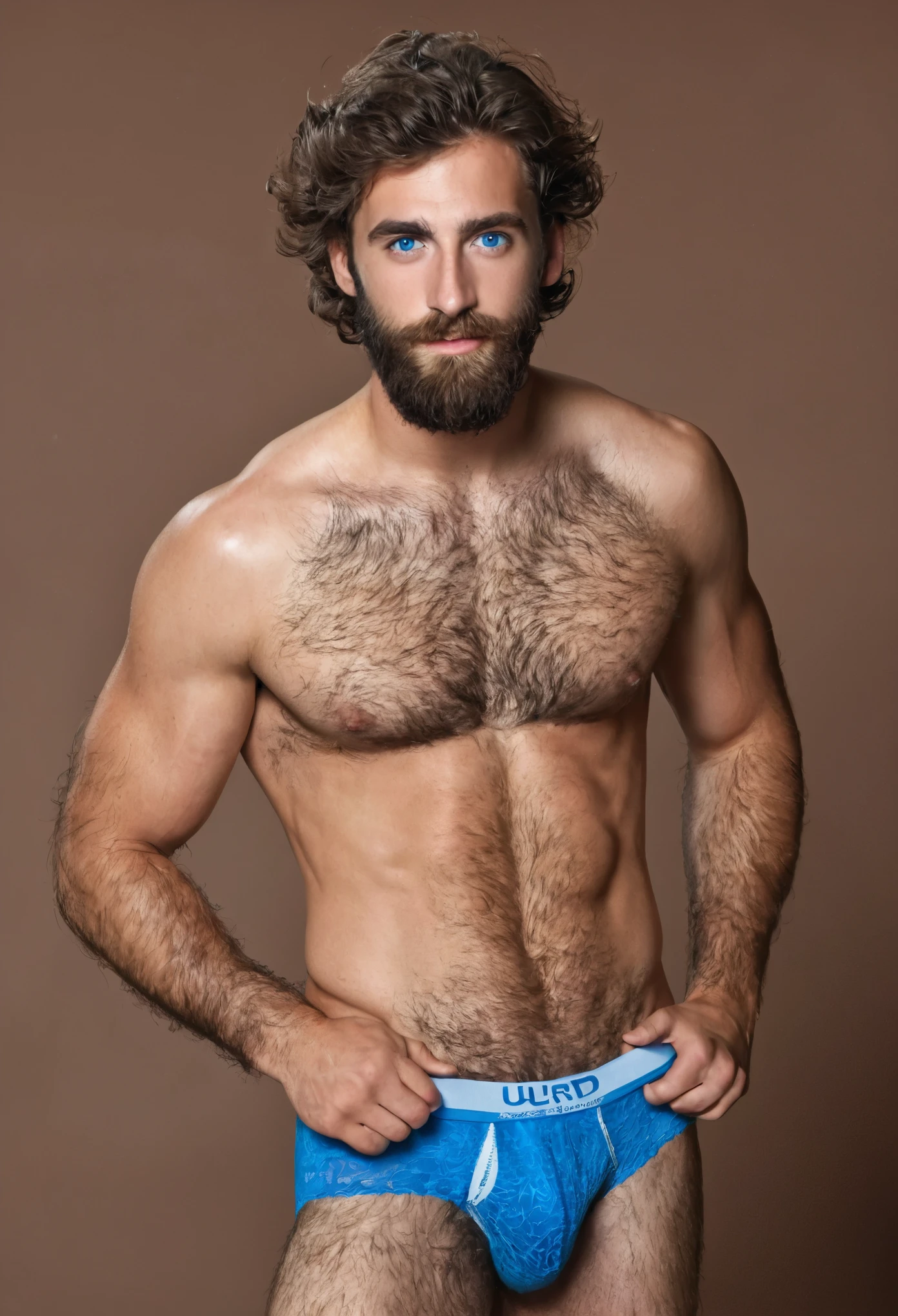 man, 24 years old, very hairy man, blue eyes, from Spain, handsome, no shirt, (hairy chest and legs: 1.0), with underwear, cinematography, 16k, uhd, in a studio, model, sexy man