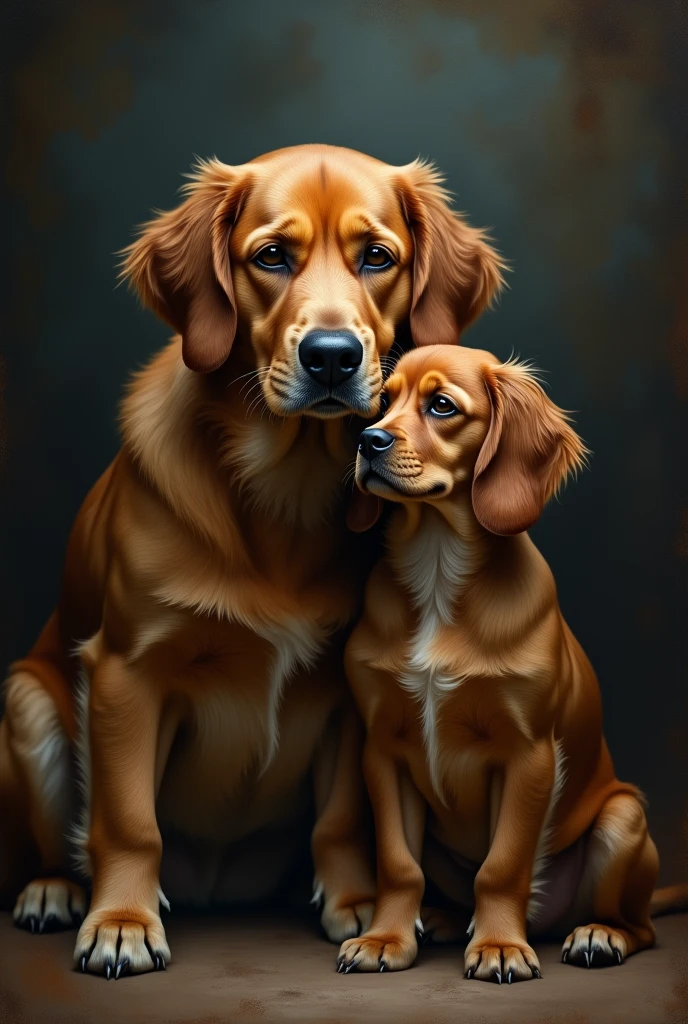 Make a painting with dark colors that highlight peace and sadness, put God carrying and embracing two old bitches, one Golden Retriever of orange brown color of medium size with large eyes, sad and happy and pure, and the other a Cocker Spaniel brown of small size with tired and lined eyes, but with purity