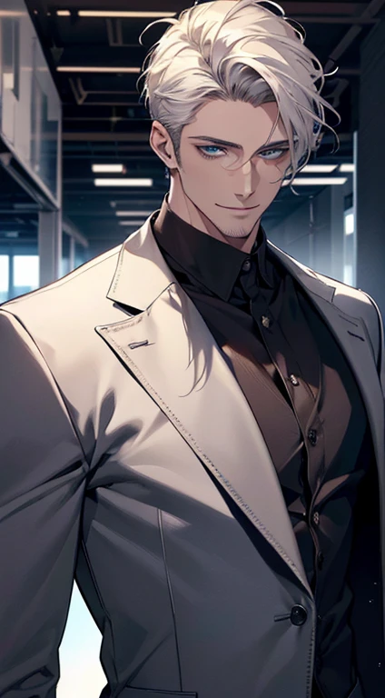 (best quality, masterpiece, 8K, photorealistic, cinematic lighting, hdr image, ultra detailed, beautiful image), 1 man, 31 years old, mature man, very handsome, (without expression, smile), short white hair, blue eyes ( penetrating gaze), perfect face without errors, imposing posture, without errors, businessman, office background