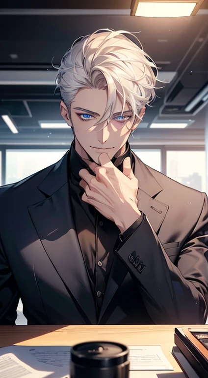 (best quality, masterpiece, 8K, photorealistic, cinematic lighting, hdr image, ultra detailed, beautiful image), 1 man, 31 years old, mature man, very handsome, (without expression, smile), short white hair, blue eyes ( penetrating gaze), perfect face without errors, imposing posture, without errors, businessman, office background