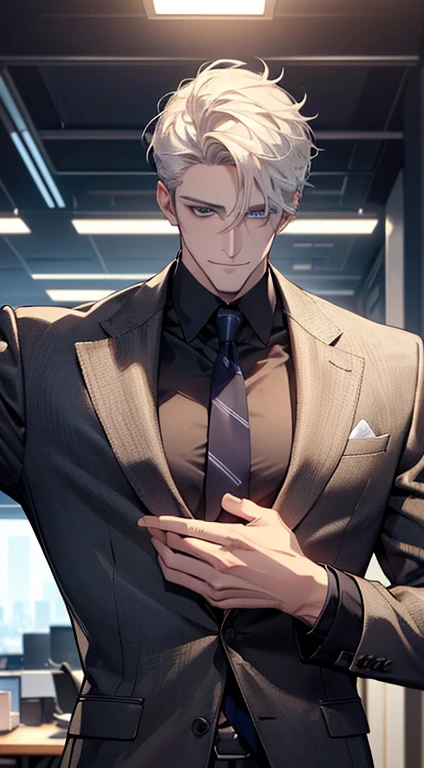 (best quality, masterpiece, 8K, photorealistic, cinematic lighting, hdr image, ultra detailed, beautiful image), 1 man, 31 years old,  man, very handsome, (without expression, smile), short white hair, blue eyes ( penetrating gaze), perfect face without errors, imposing posture, without errors, businessman, office background