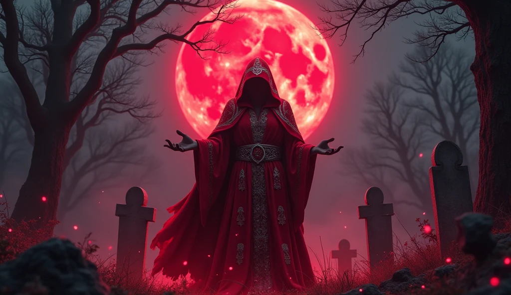A red necromancer, blood moon, ray tracing, masterpiece, best quality, ultra quality, absurd details, best light, best shadow, sharp, sharp image, detailed, extremely detailed, great resolution, 8k, 4k, uhd, particle effects, beautiful effects, vivid colors, neon light, neon, light,