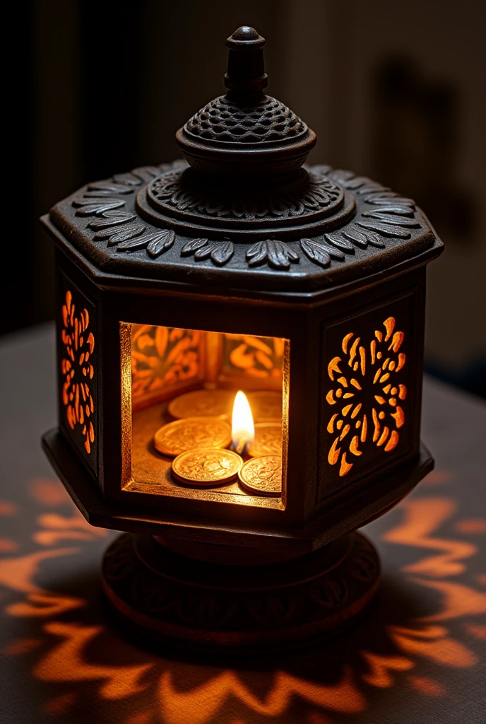 Malay carved round lamp,a square inside,there are 4 king's head coins