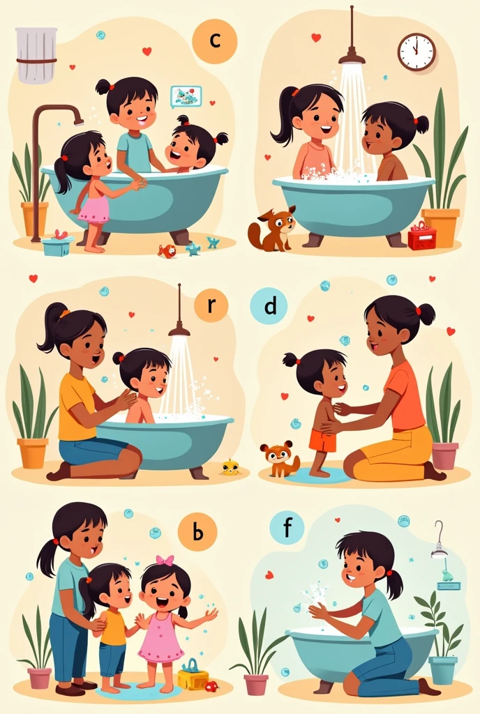 Illustrative images showing step-by-step instructions for showering children 