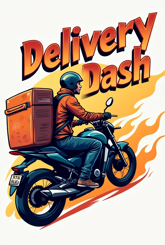 Logo of a delivery man riding a motorcycle, seen from the side, moving very fast to deliver his order. He should be seen from the side, almost completely sideways. He is going so fast that there is fire coming out, with a single color background. He should be wearing a delivery backpack. Now, without fire, with a different backpack. With a single backpack and a single color background, make it more animated. But still from the side, and it should say 'Delivery Dash' in a cool style.