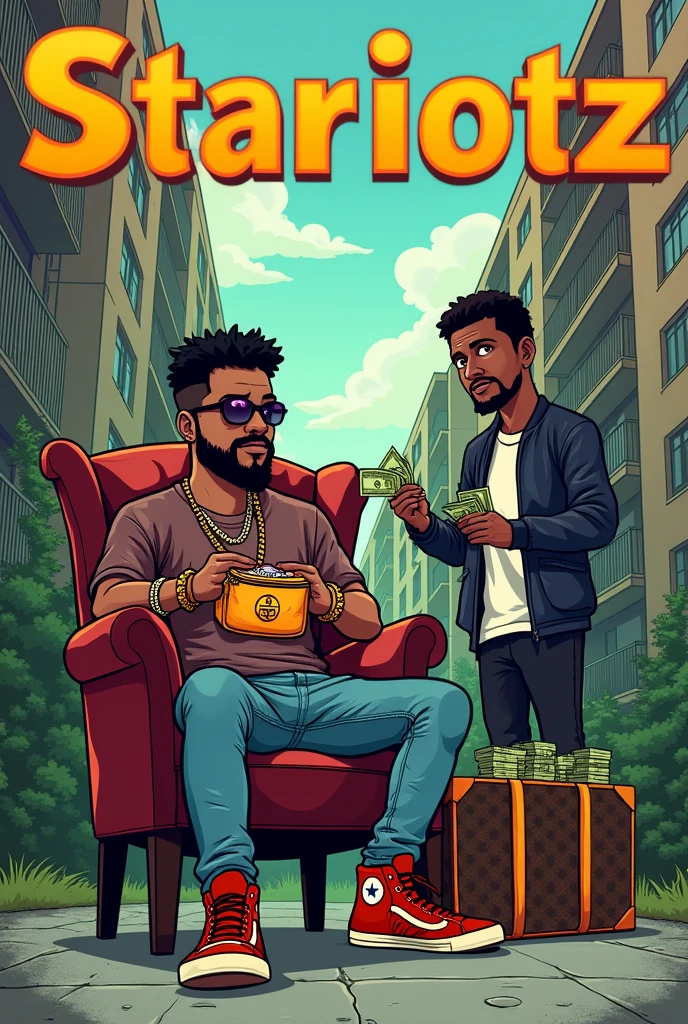 An animated cartoon image of a person with a Gucci fanny pack sitting on a chair in a high-rise housing project ghetto. Next to the person are 40 kilograms of cannabis in Louis Vuitton travel bags. Next to the person is another person who is standing and giving money to the first person. The image should have "Stariotz" written in large letters. 