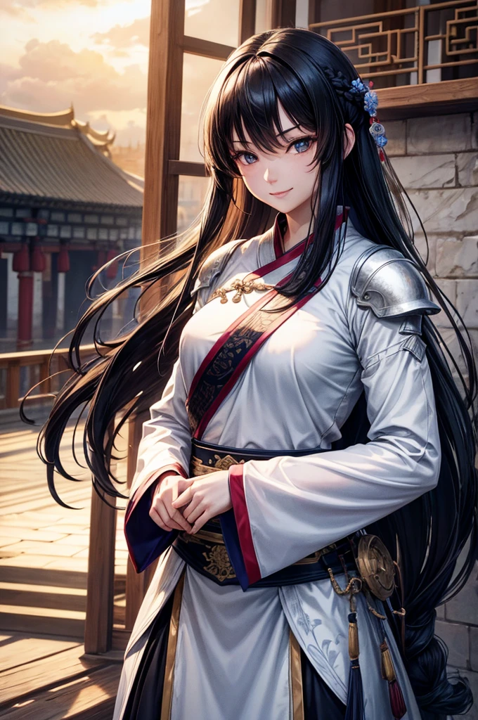 Armored1People Women, smile, clear, Hanfu, Wearing light armor, Tight waist, Long Hair, Black Hair, black eye, Five fingers, An old Chinese castle in the background, cinematic lighting, cowboy shot, anime, UHD, retina, masterpiece, accurate, anatomically correct, textured skin, super detail, high details, high quality, award winning, best quality, highres