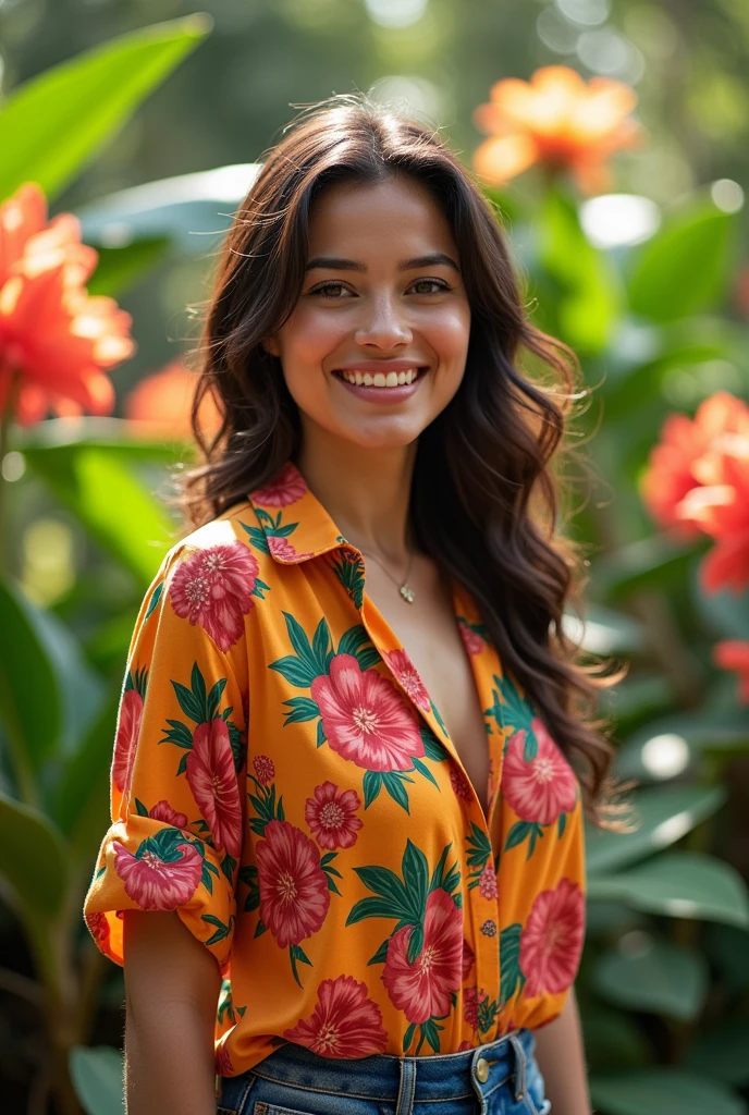 A Brazilian woman in a lush tropical garden, wearing an open shirt with a floral print, with a close-up capturing the harmonious beauty between her breasts and the natural flowers, showing off your natural charm and outgoing personality.