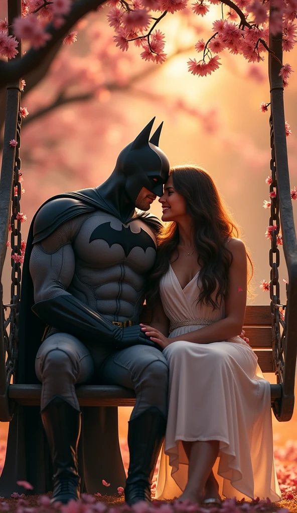 Give me a picture of Batman making love to a girl, sitting on a swing in a park