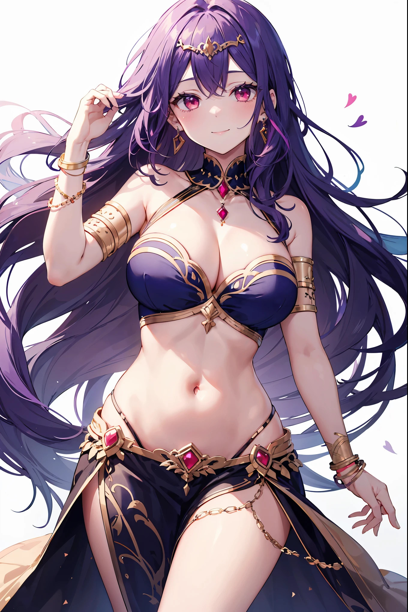 1girl, white background, red eyes, long hair, purple hair, belly dancer, circlet, earrings, armlets, bracelets, bashful smile, large breasts, cleavage, soft stomach
