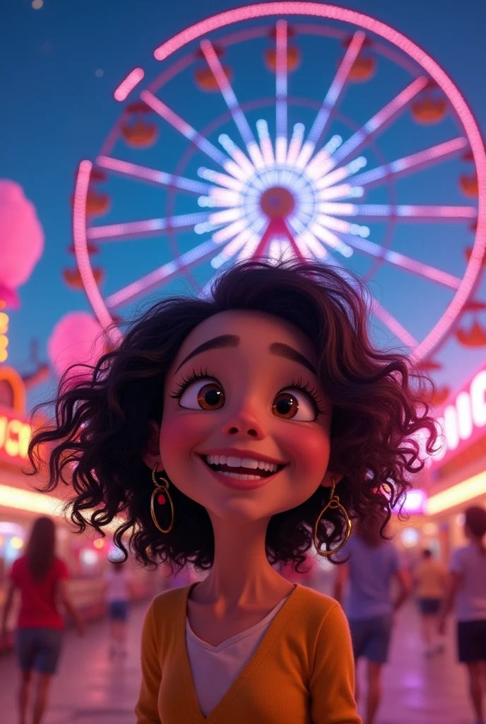 A poster inspired by Disney Pixar movies, written by Rickelme. featuring a character with medium brown curly black hair in an amusement park with a Ferris wheel in the background and colorful lights.