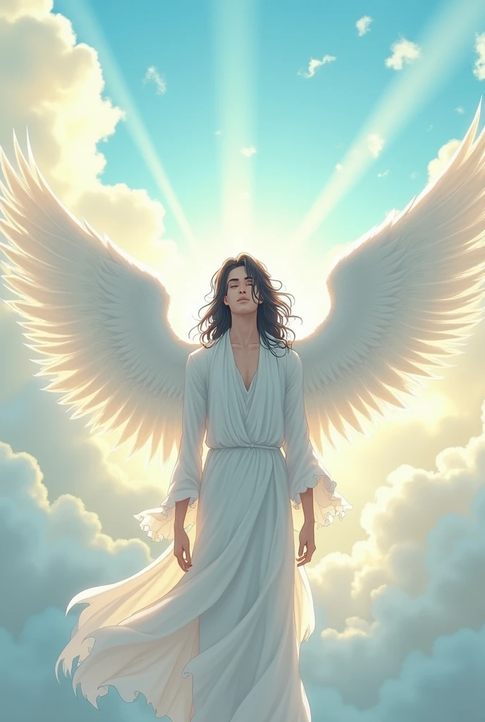 An anime like male. He's an angel with big wings and white clothing. His eyes are covers with a veil and his eyes are closed. He has pale skin, black long hair, and no facial hair.