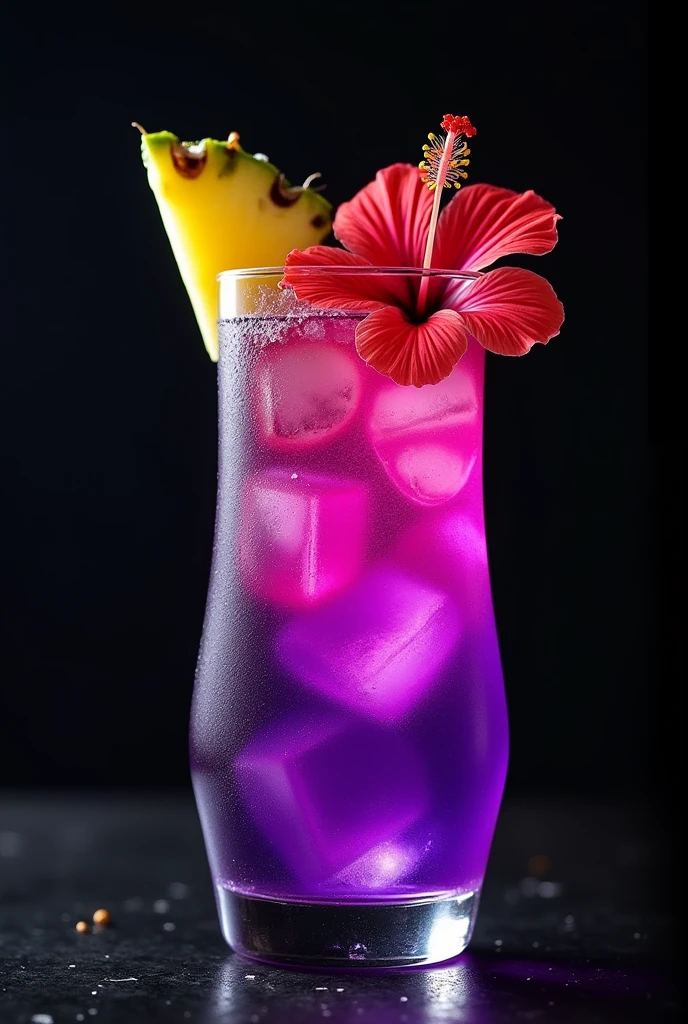2. cocktail "Amazonian Night" (Selva Lunar)**
**Visual Description:**
- **Color:** A vibrant intense violet hue, almost bright, with a touch of transparency that reflects the purity of the ingredients.
- **vase:** Served in a tall glass "Hurricane", highlighting the striking color of the liquor.
- **ice:** Serve with ice, large, crystalline ice cubes are at the base, elevating the cocktail and making the colors stand out even more.
- **Decor:** The glass is decorated with a pineapple slice on the rim and a hibiscus flower which adds an exotic and tropical touch. The combination of the colors of the fruit and flower contrasts beautifully with the cocktail.