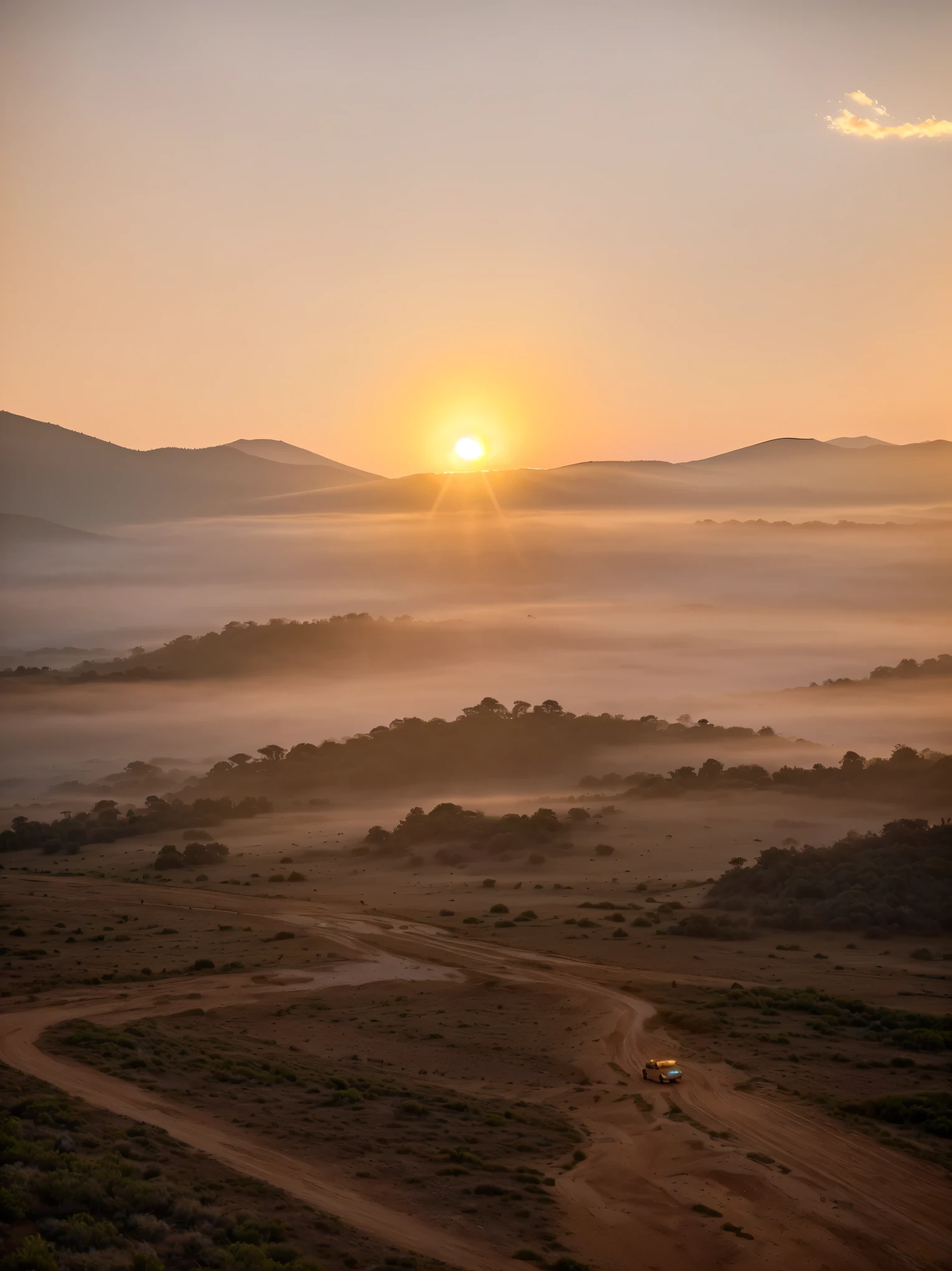 On a dirt road，Giraffe with beautiful scenery accompanied by sunshine, At sunrise, Sunset, Walking on the clouds and mist, Beautiful sunrise, sun rises between two mountains, mist in valley, Beautiful morning, At Dawn, early morning sunrise, Shot with Sony Alpha 9, in the early morning, stunning nature in background, Misty sunset, early morning, Sunrise in the morning