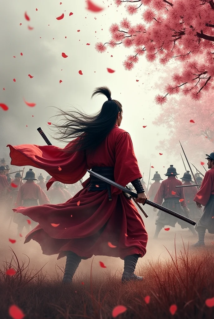 A samurai with long, flowing hair resembling a woman's, with a lean and confident build, stands alone, warring and dueling against numerous men during the Sengoku period.
