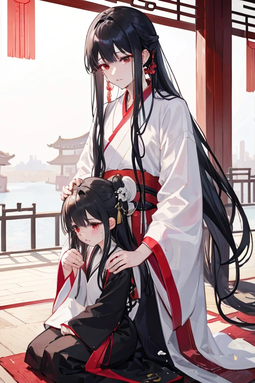 Best quality. Masterpiece. A man with long hair, long hair, Chinese ancient hair tied up, black hair, black Hanfu costume. A man kneeling and crying, very magnificent. A woman with long hair, long hair, black hair, red eyes, white Hanfu costume, comforting a man, the background is very magnificent. The background is a palace gate.