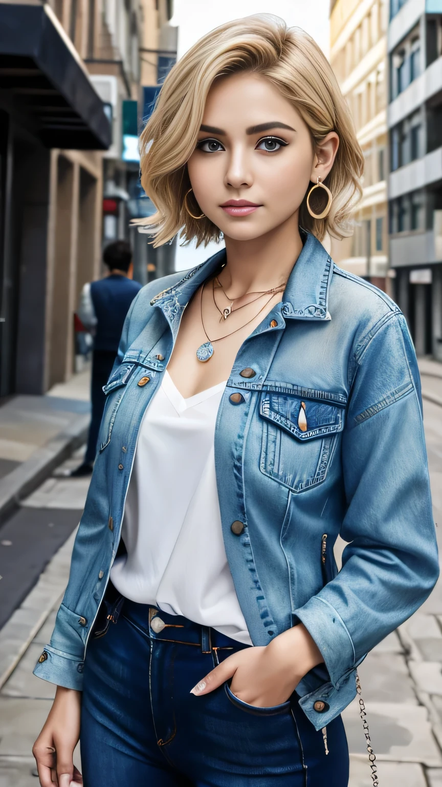 Super Resolution、Clear Iranian woman、short hair、Blonde Hair、Wavy Hair、Blue eyes、、ear piercing、necklace、Denim jacket、shirt、The background is a city street
