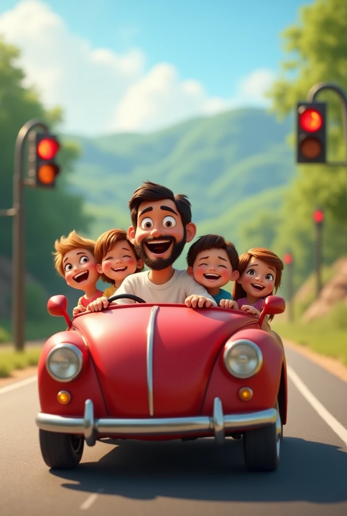 I want an image that has the Disney Pixar style, where Jesus is driving a round car, without hood, with 4 small children in the back seat. He must be driving on a road and behind there is a small town. The image must contain automotive characters with an appearance . Try to make Jesus look less adult, and cuter. The background should be more blurred.. The car should be red and have a traffic light next to it.. To have a hilltop scenery in the background without houses. There should be no houses in the image. The image should ONLY have JESUS, the children, the road, THE CAR AND THE TRAFFIC LIGHT. Jesus must be SMILING AND HAVE CUTE FEATURES. Make Jesus the central image. The image should ONLY have JESUS, the children, the road, THE CAR AND THE TRAFFIC LIGHT.