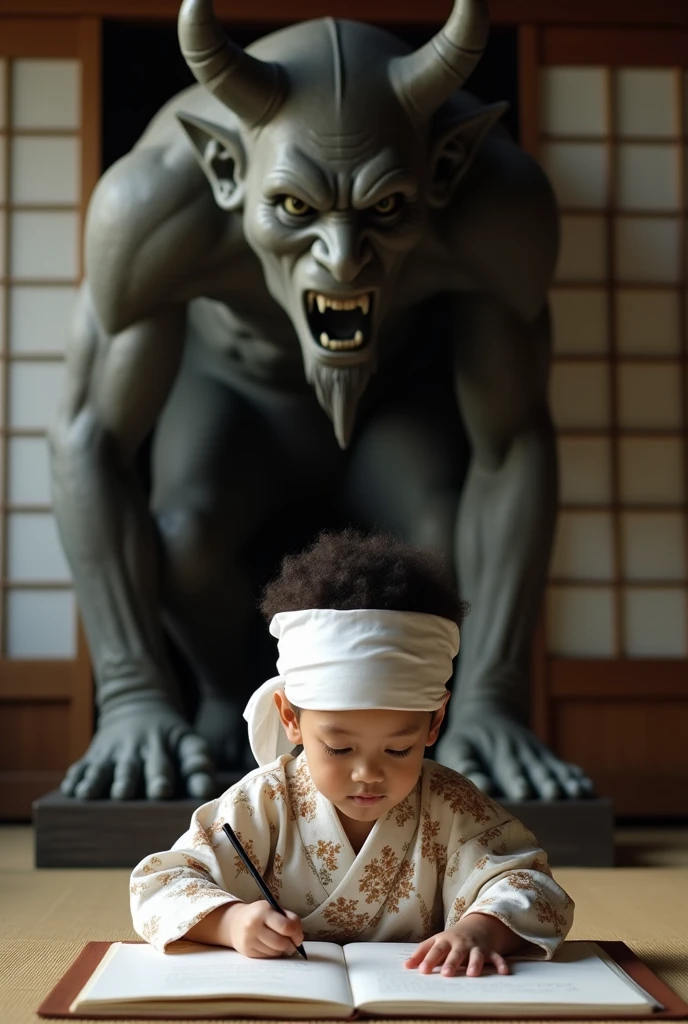 Studying under the Devil&#39;s watch１０of age　Wearing a kimono　A white bandana is on their forehead.　The background is a Japanese house