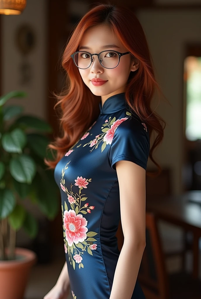beautiful asian woman , red hair with brown roots, looking directly at the camera, very realistic, at home,floral navy blue silk cheongsam, clothes tight against body, clothes too tight, film grain, fit muscular body, clothes too tight, , seductive, sexy, short sleeves, glasses