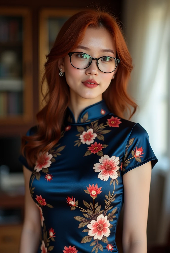 beautiful asian woman , red hair with brown roots, looking directly at the camera, very realistic, at home,floral navy blue silk cheongsam, clothes tight against body, clothes too tight, film grain, fit muscular body, clothes too tight, , seductive, sexy, short sleeves, glasses