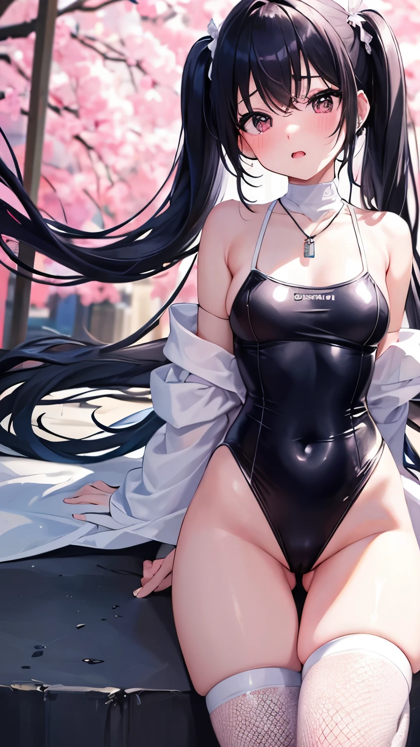 (Vulgar),Highest quality、beautiful girl、Black hair twin tails、Very embarrassed face、blush、Big eyes、Pupils sparkling、Mouth closed、Vulgarベットルーム、Pink and black high leg swimsuit、Clean big breasts、Show off your cleavage、Beautiful nipple emphasis、Anatomically correct、Glowing Skin、Frilly mini skirt、The female genitalia are very prominent、Belly button、Sexy necklace、Turn around and show your ass、Thong、looking at the camera、Bright face、White gloves、Super sexy fishnet stockings、whole body、Pink patent leather boots