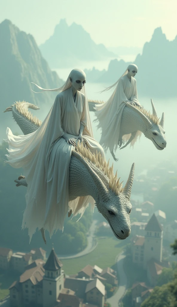 Screenshot, aliens in gorgeous white clothes, pale (lifeless), rough skin, rough textured clothes, deep wrinkles, aliens riding giant dragons in the sky, pure white light, detailed skin expression, aerial background above the town (realistic film lighting, 4K quality, surreal, detailed photography, film style, 35mm, rich and deep colors, masterpiece, ultra high resolution, photorealistic, 8k, surrealism, Fujifilm: 1.3), mysterious and beautiful atmosphere, gorgeous and fantastic atmosphere, fog, rough image texture, mysterious atmosphere, spiritual beings (not AI image),