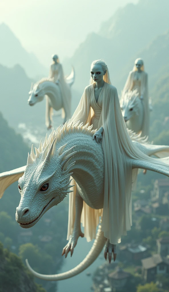 Screenshot, aliens in gorgeous white clothes, pale (lifeless), rough skin, rough textured clothes, deep wrinkles, aliens riding giant dragons in the sky, pure white light, detailed skin expression, aerial background above the town (realistic film lighting, 4K quality, surreal, detailed photography, film style, 35mm, rich and deep colors, masterpiece, ultra high resolution, photorealistic, 8k, surrealism, Fujifilm: 1.3), mysterious and beautiful atmosphere, gorgeous and fantastic atmosphere, fog, rough image texture, mysterious atmosphere, spiritual beings (not AI image),