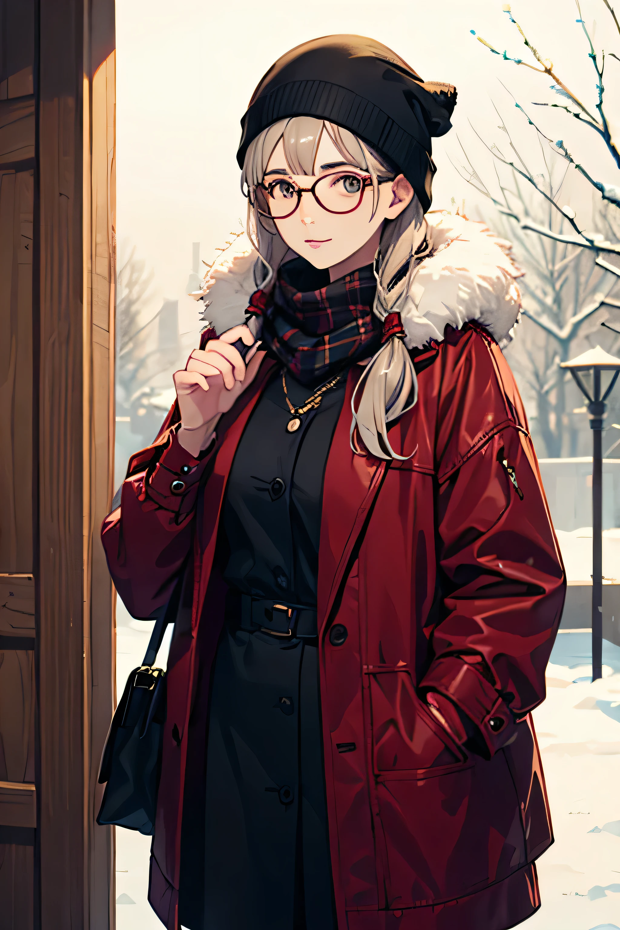 A grandma with glasses and winter clothes