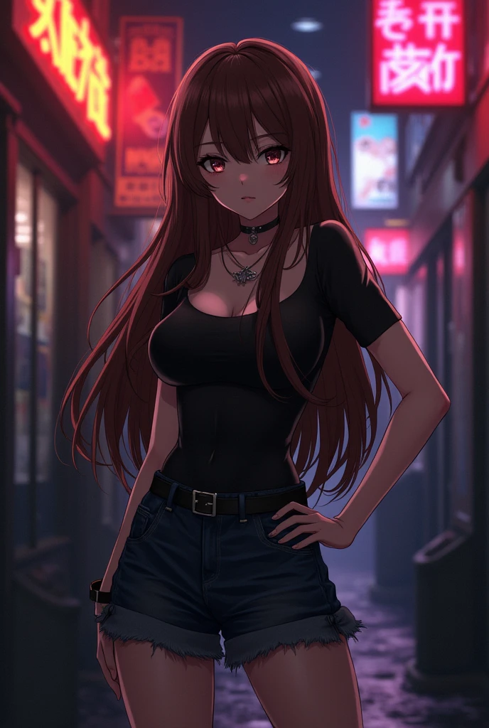 anime style,young adult woman, with one red eye and one yellow eye, narrow eyes, long hair and straight dark brown bangs, black elegant clothes.
has an elegant pose.
Whole body.