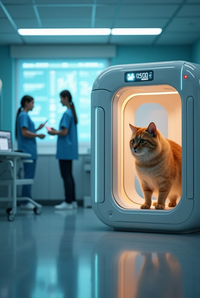 There is a pet inside a small plastic and glass chamber where it receives a full scan of its vital signs and medical condition, and states that are determined by a veterinarian, but using the camera., temperature states, Blood pressure and heart rate will be displayed on the camera, and the other medical results will be passed to a monitoring application.