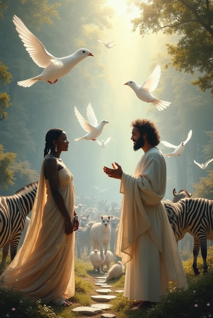 I want the images to have a paradise of angels, black and white animals and people and a black woman next to Jesus