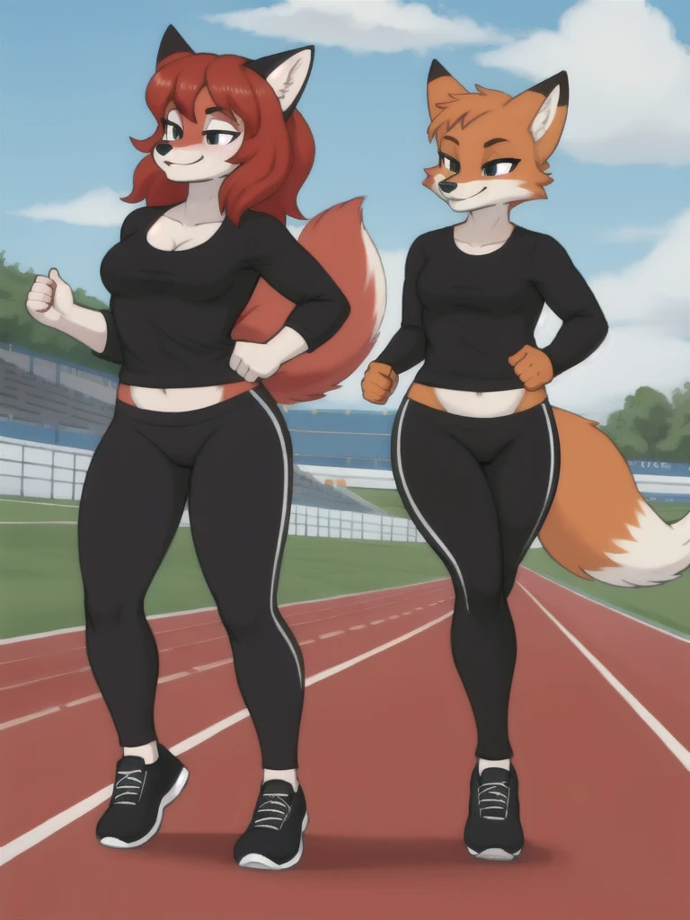 Furry, fox, female, black shirt, black leggings, shoes, running track, friends, full body