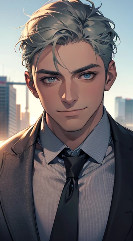 (best quality,4k,8k,highres,masterpiece:1.2),ultra-detailed,(realistic,photorealistic,photo-realistic:1.37),1 man,31 years old,mature man,very handsome,without expression,smile,short grey green hair,blue eyes,penetrating gaze,perfect face without errors,imposing posture,businessman,office background,cinematic lighting,hdr image